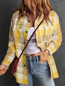 Women Long Sleeve Plaid Button Down Blouse Top - Yellow - View 3