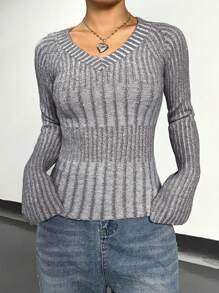 SHEIN Unity Solid Ribbed Knit Pullover Fall Winter Sweater - Grey - View 1
