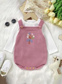嬰兒女寶寶花卉刺繡針織連身衣 - 粉色 - 查看 1