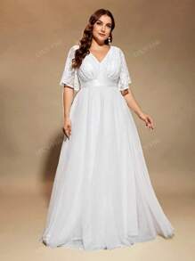UNITHORSE Plus Size Women Elegant Romantic Lace Placement Floral Sheer Short Sleeve Stand Collar Embroidered White Wedding Dress, All White Party Outfit Women