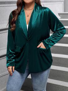 SHEIN Clasi Women's Plus Size Velvet Blazer With Flap Pockets - Green - View 5