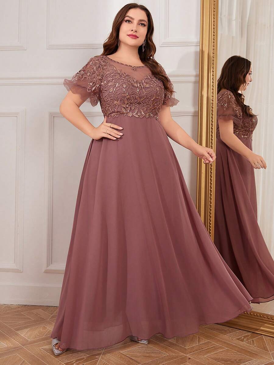 UNITHORSE Plus Size Women Heavy Embroidery Chiffon Formal Dress, Bridesmaid Dress - 淺灰紫 - 查看 1