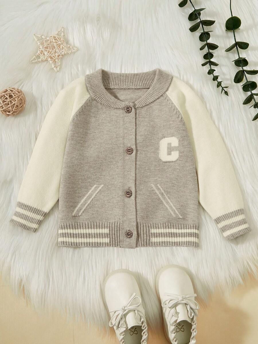 Trẻ sơ sinh Con trai Áo len Mở Với Lá thư Mô hình Raglan - Màu Xám nhạt - Xem 1