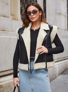SHEIN Cottnline Teddy Lined Zip Up Vest Jacket - Black - View 1