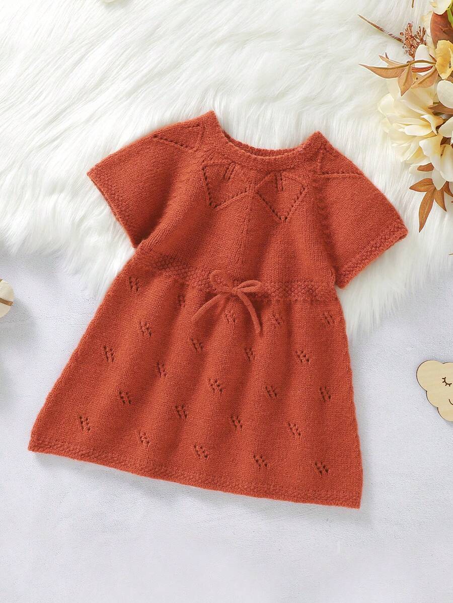Baby Girls' Solid Color Short Sleeve Knitted Sweater Dress With Bowknot Decor - Redwood - View 1