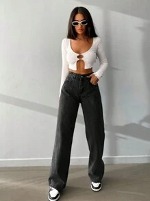 Women's Loose Fit Denim Straight Leg Jeans In Solid Color - Black - View 3