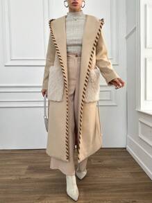 RueChic Plush Pocketed Big Lapel Woolen Coat - Khaki - View 2