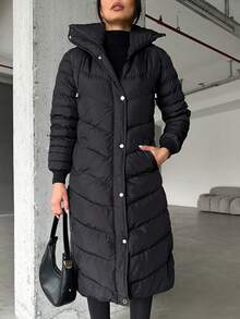 EURMUSE Women'S Hooded Padded Jacket With Side Button Front Opening - Black - View 4