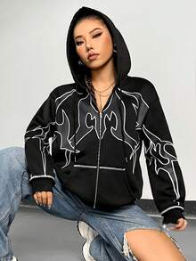 SHEIN Unity Graphic Print Drop Shoulder Zip Up Hoodie - Black - View 6