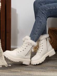 Giày bốt cổ ngắn ấm áp mùa đông dành cho nữ, có lớp lót nhung, phối cùng áo corset trơn có viền hoa, bốt chiến đấu, bốt đi tuyết giữ nhiệt, hoàn hảo khi kết hợp với áo - Màu be - Xem 7