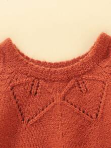 Baby Girls' Solid Color Short Sleeve Knitted Sweater Dress With Bowknot Decor - Redwood - View 3