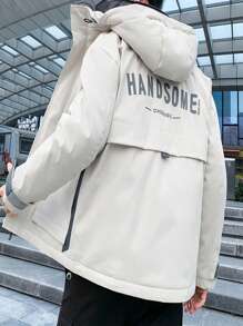 Men's Patch Letter Print Hooded Padded Coat - Apricot - View 2