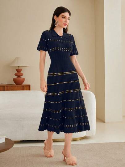 Modelyn Geo Pattern Polo Neck Sweater Dress