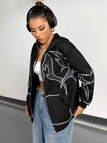 SHEIN Unity Graphic Print Drop Shoulder Zip Up Hoodie - Black - View 5