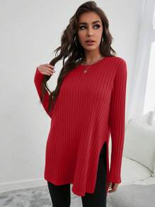 SHEIN Cottnline High Low Split Hem Sweater - Red - View 3