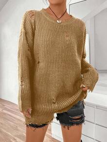 SHEIN Unity Màu thuần Vòng cổ Thả vai Áo len Distressed - Màu Khaki - Xem 3