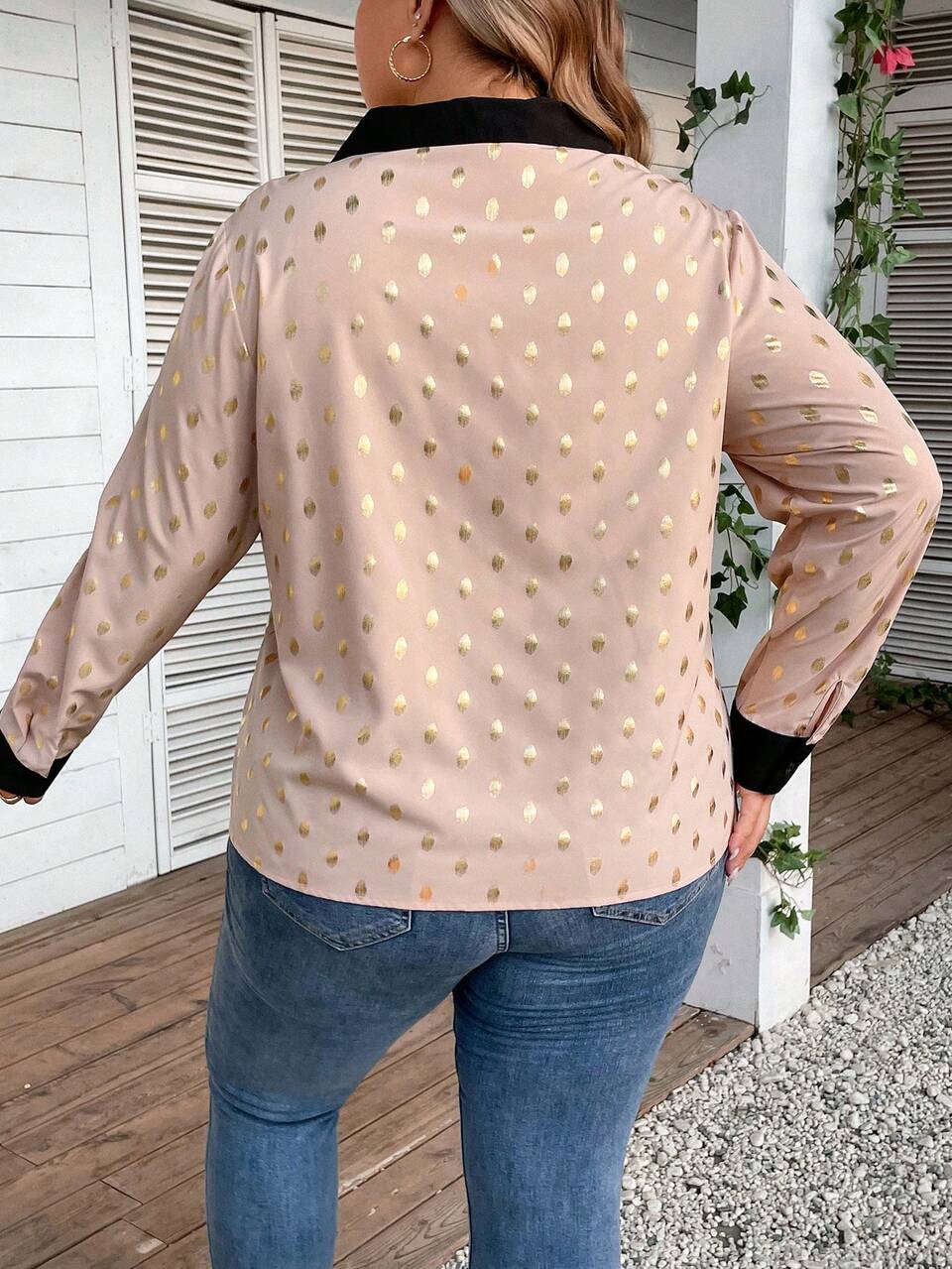 Plus Size Women's Spotted Collared Shirt With Gold Foil Detailing