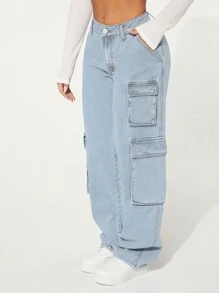 SHEIN SXY Jeans cargo con bolsillo con solapa - Lavado ligero - Ver 3