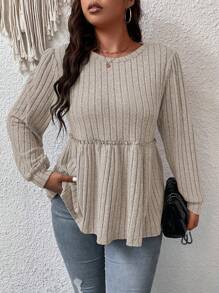 SHEIN Clasi 大碼雜色針織荷葉邊下擺T恤 - 卡其色 - 查看 7