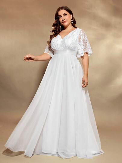 UNITHORSE Plus Size Women Elegant Romantic Lace Placement Floral Sheer Short Sleeve Stand Collar Embroidered White Wedding Dress, All White Party Outfit Women