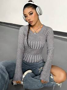 SHEIN Unity Solid Ribbed Knit Pullover Fall Winter Sweater - Grey - View 6