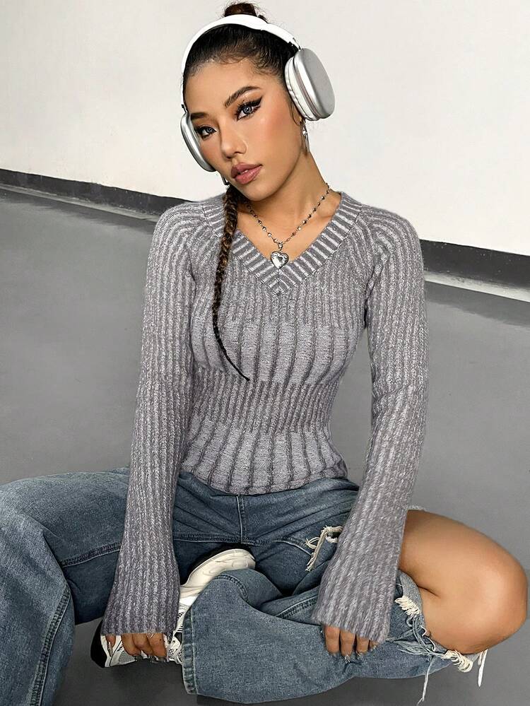 Solid Ribbed Knit Pullover Fall Winter Sweater