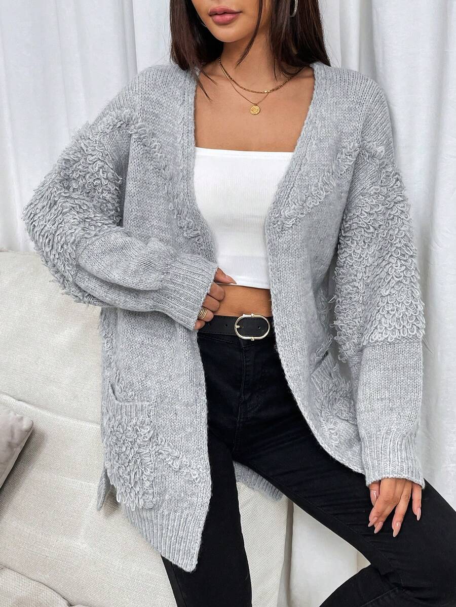 女士純色垂墜肩針織開衫 - 灰色 - 查看 1