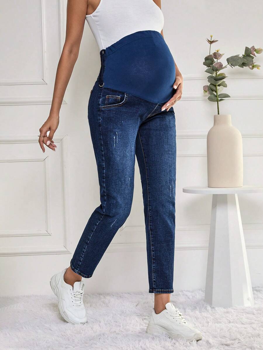 SHEIN Cottnline بنطلون جينز مدبب قابل للتعديل شريط خصر واسع للأمومة - أزرق داكن - مشاهدة 1