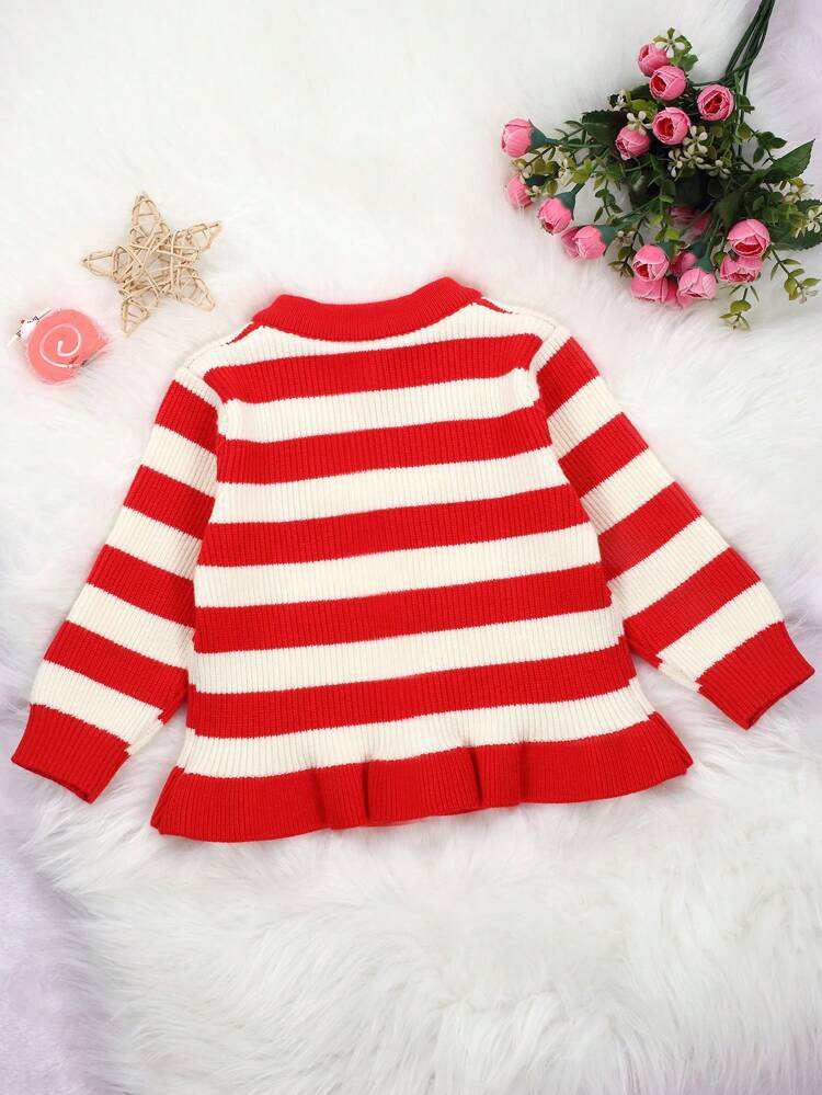 Baby Girls' Striped Flower & Embroidery Decor Cardigan
