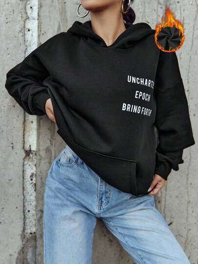 Cottnline Slogan Graphic Kangaroo Pocket Drop Shoulder Hoodie