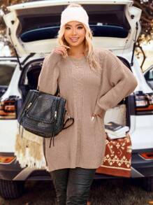 SHEIN LUNE Plus Size Solid Color Drop Shoulder Sweater With Side Slit, Pullover Knit Pullover Fall Winter Autumn Sweater - Pink - View 5