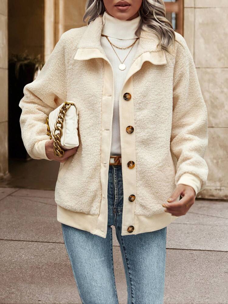 Solid Button Front Teddy Coat Fall Winter Cloth For Women