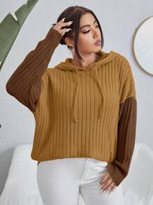 Flirla Plus Size Colorblock Drawstring Hoodie Sweater Knit Pullover Fall Winter Sweater - Yellow - View 4
