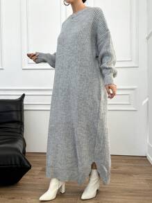EURMUSE Women's Drop Shoulder Drop Shoulder Slit Knit Sweater Dress - Light Grey - View 3