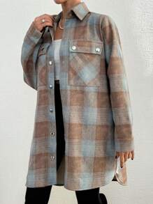 EURMUSE Plaid Double-pocket Turn-down Collar Woolen Coat - Blue - View 5