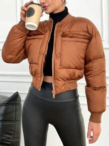 RueChic Women's Short Zip-up Baseball Collar Padded Jacket - Brown - View 3