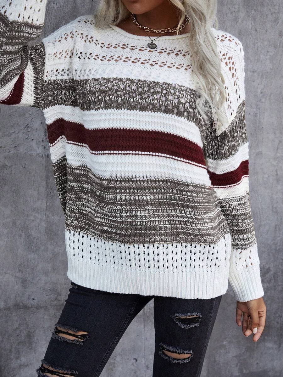 EURMUSE Dropped Shoulder Striped Sweater - Maroon - View 1
