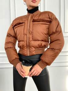 RueChic Women's Short Zip-up Baseball Collar Padded Jacket - Brown - View 4