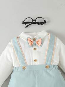 嬰兒女孩雙層蝴蝶結裝飾上衣和可調節肩帶褲套裝 - 彩色 - 查看 4