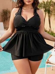 Swim Lushoire 女款大尺寸水溶蕾絲拼接背心比基尼 - 黑色 - 查看 5