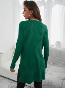 SHEIN Cottnline High Low Split Hem Sweater - Green - View 2