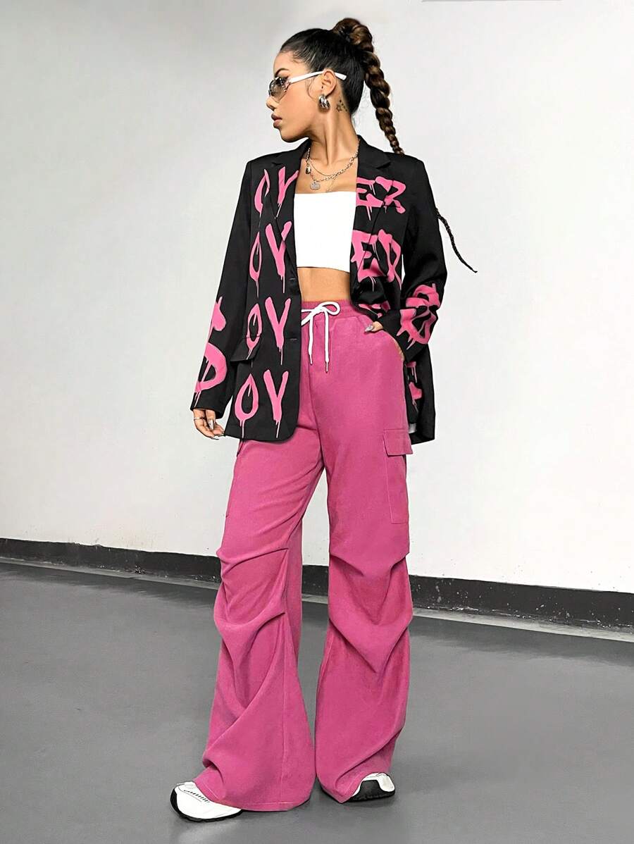 SHEIN Unity Áo khoác Blazer nữ in họa tiết đơn hàng khuy - màu đen - Xem 1