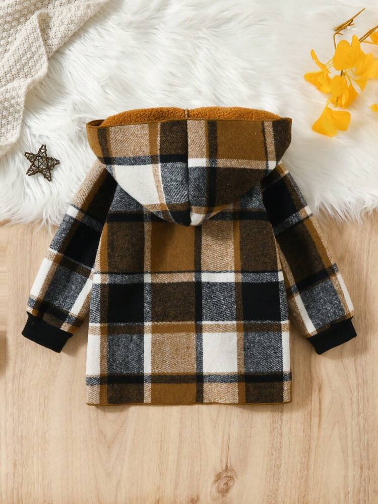 Little Girls' Casual Plaid Spliced Hooded Coat For Fall