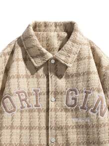 Hombres Cazadora con estampado de cuadros & de letra de hombros caídos - Caqui - Ver 4