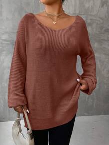 SHEIN LUNE Plus Size Drop Shoulder Sweater - Redwood - View 3