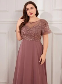 UNITHORSE Plus Size Women Heavy Embroidery Chiffon Formal Dress, Bridesmaid Dress - 淺灰紫 - 查看 5
