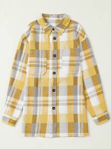 Women Long Sleeve Plaid Button Down Blouse Top - Yellow - View 5