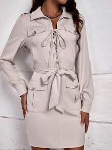 SHEIN LUNE 繫腰帶洋裝帶前和翻動口袋 - 杏色 - 查看 6