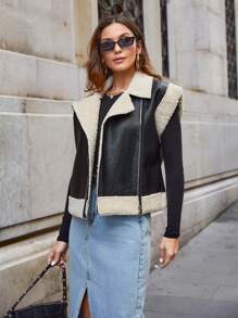 SHEIN Cottnline Teddy Lined Zip Up Vest Jacket - Black - View 3