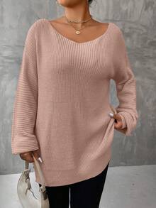 SHEIN LUNE Plus Size Loose Fit Drop Shoulder Sweater - Pink - View 6